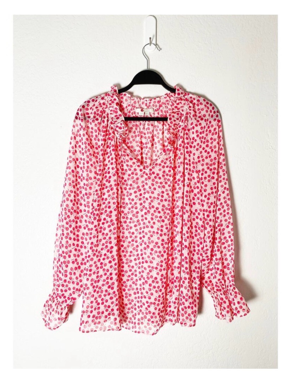 Boden Women's Florence Ruffle Top Long Sleeve Pink White Floral Blouse Sheer 12